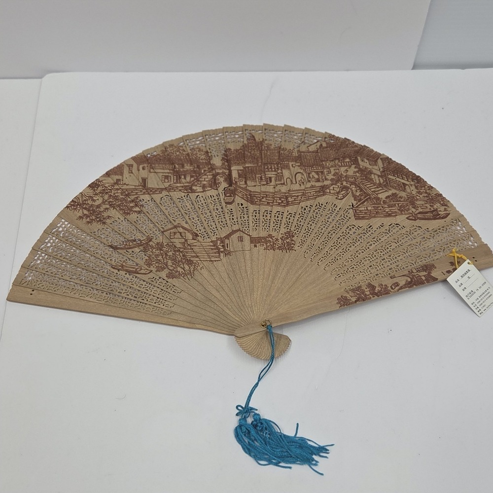 Vintage Chinese Sandalwood Folding Fan Hand Carved Suzhou Landscape Boxed Tassel